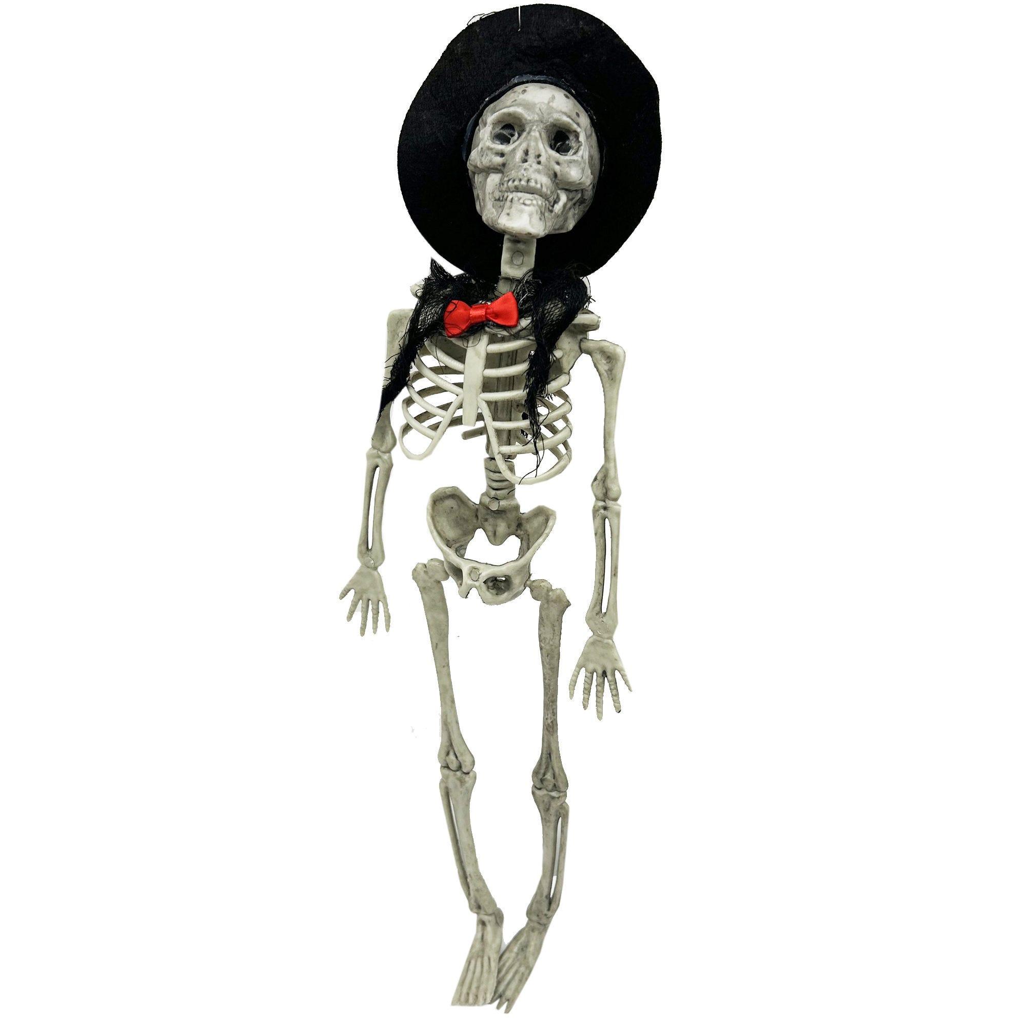 16" Hanging Plastic Skeleton with Top Hat and Bow Tie image