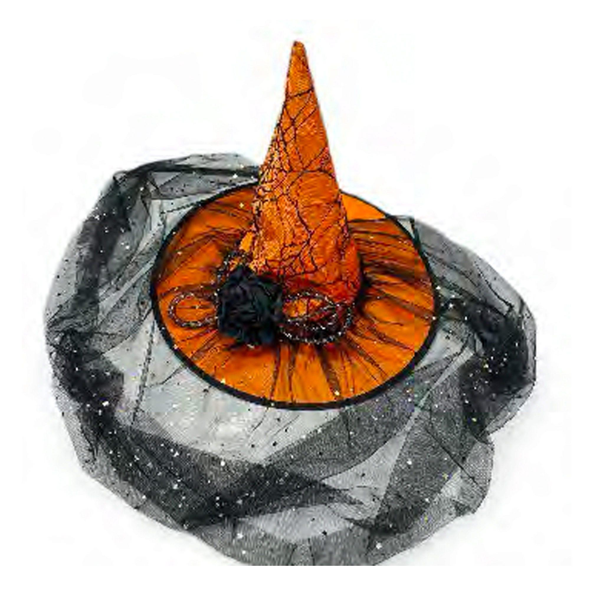 Orange Spider Web Witch Hat with Rose and Black Veil image
