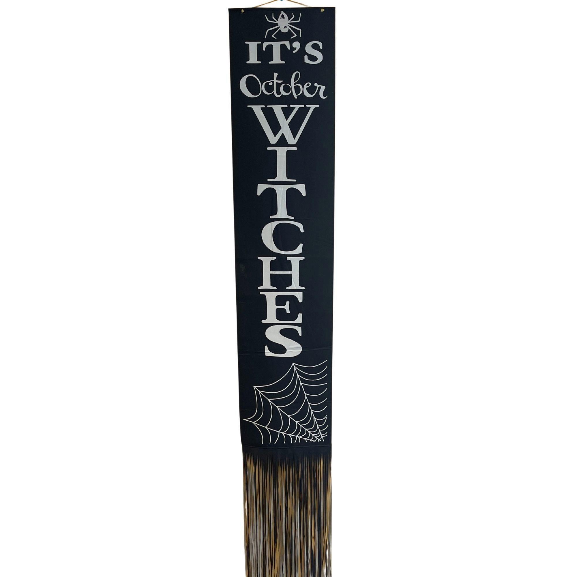 It's October Witches Halloween Door Flag Banner Decor with Fringe and Spiderweb Design image