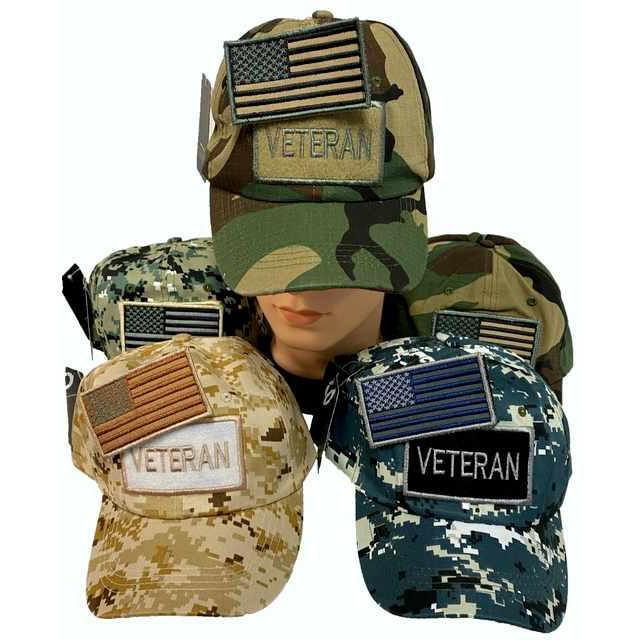 Camo Veteran Hats With Detachable Flag Patch - Assorted image