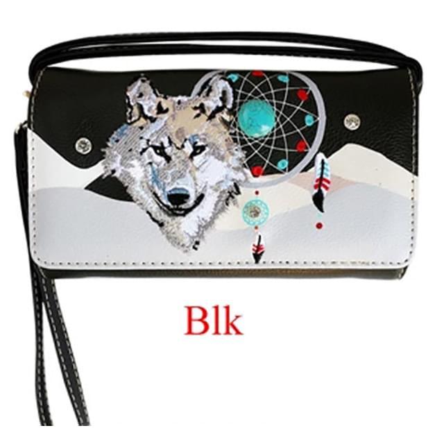 Wolf Dream Catcher Wallet Purse With Long Strap - Black image