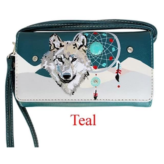 Wolf Dream Catcher Wallet Purse With Long Strap - Teal image