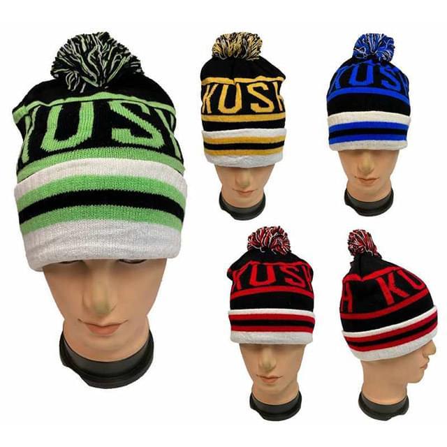 Kush Block Letter Knitted Pom Pom Winter Beanie Hats - Fleece Lined image