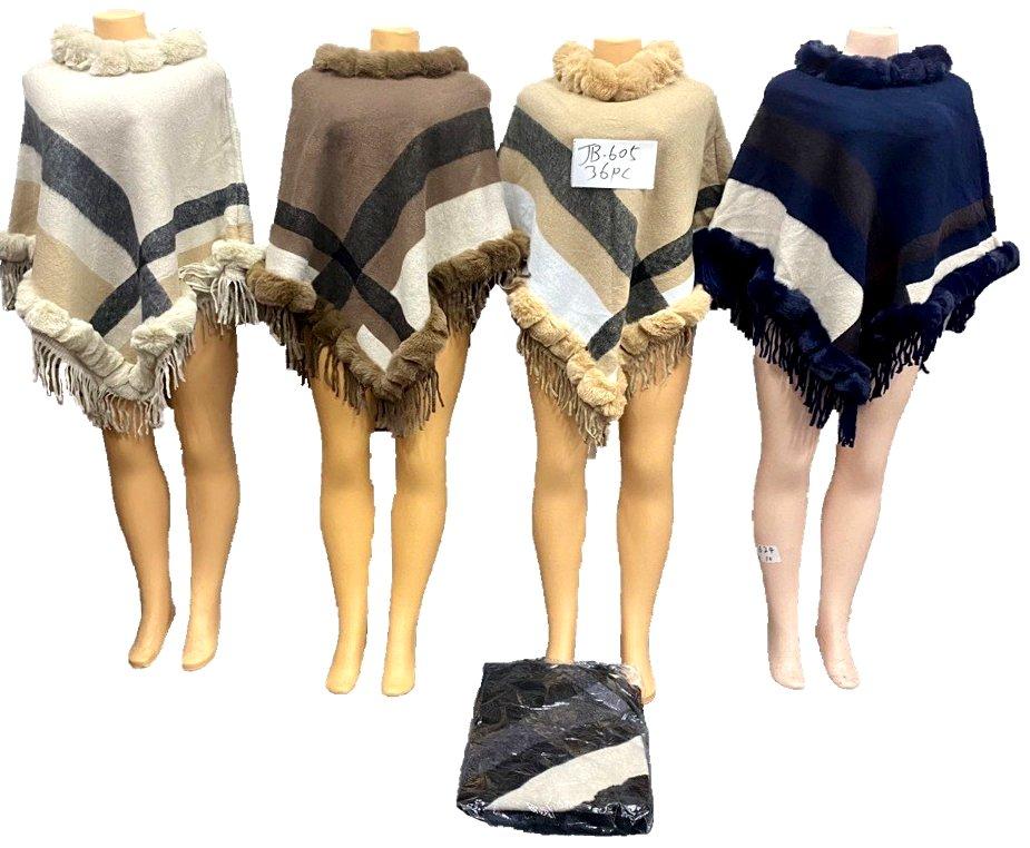Plaid Pattern Ponchos With Faux Fur Collar - Assorted image