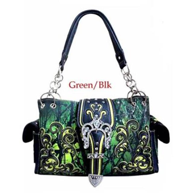 Rhinestone Buckle Tree Camo Concealed Carry Purse - Night Green image