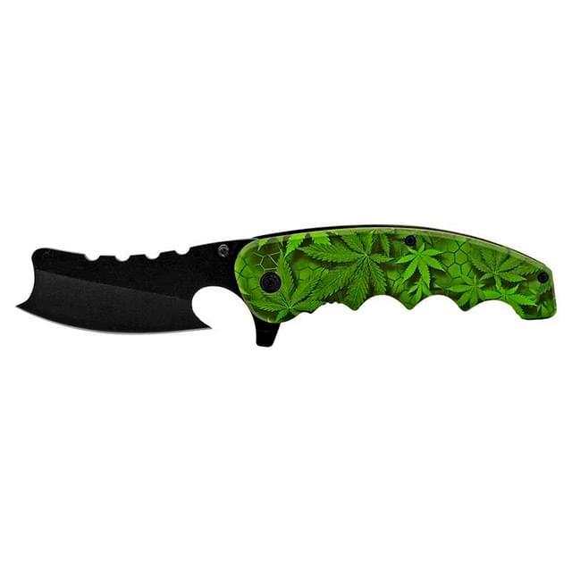 5" Straight Razor Folding Pocket Knife - Green Marijuana Leaf image