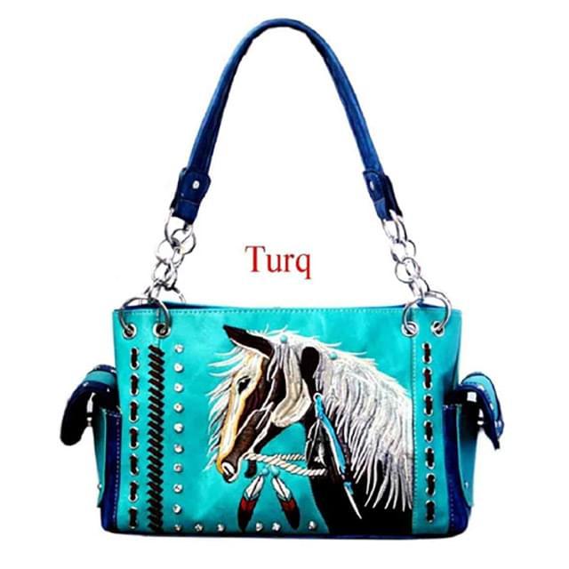 Western Horse Embroidery Concealed Carry Purse - Turquoise image