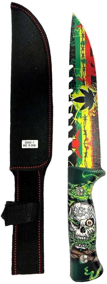 Rasta Skull Marijuana Graphic Hunting Knife With Serrated Blade And Sheath image
