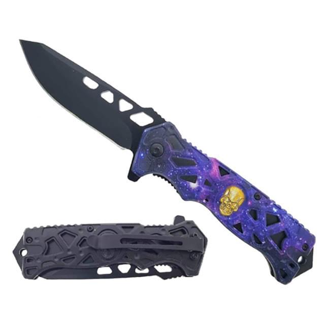 Gold Skull Spring-Assisted Knife - Purple Galaxy Theme image