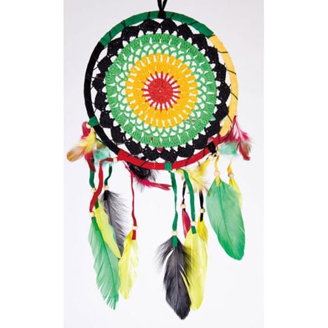 Rasta Color Crochet Dream Catchers With Feathers - 8 Inch Diameter image