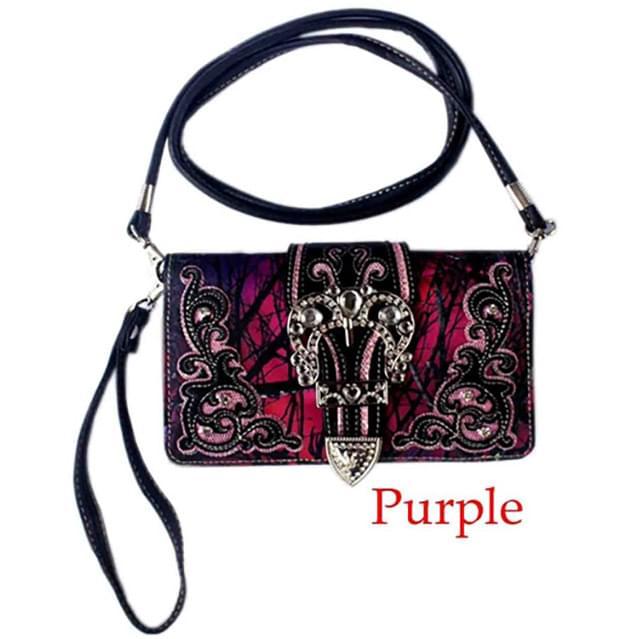 Rhinestone Buckle Tree Camo Crossbody Wallet - Purple image