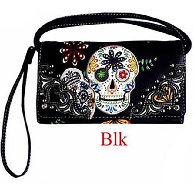 Floral Sugar Skull Crossbody Wallet - Black image
