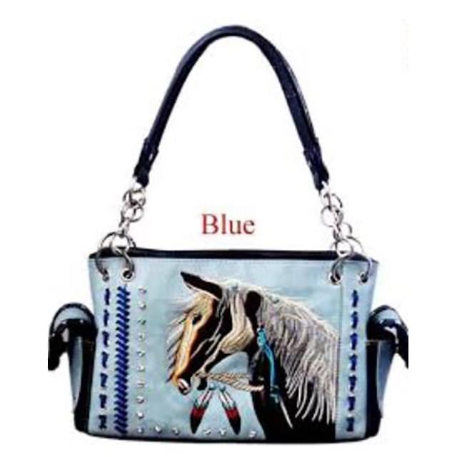 Wholesale Blue Embroidered Horse Satchel Purse with gun pocket image