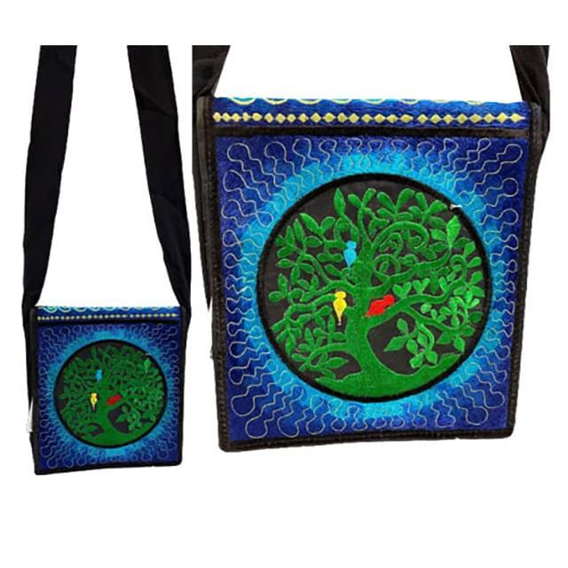 Silk Embroidered Mini Sling Bags - Tree Of Life With Birds image