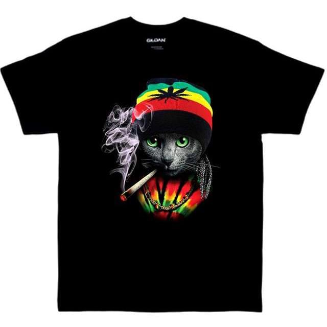 Smoking Cat Rasta Marijuana T-Shirts - Black XXL image