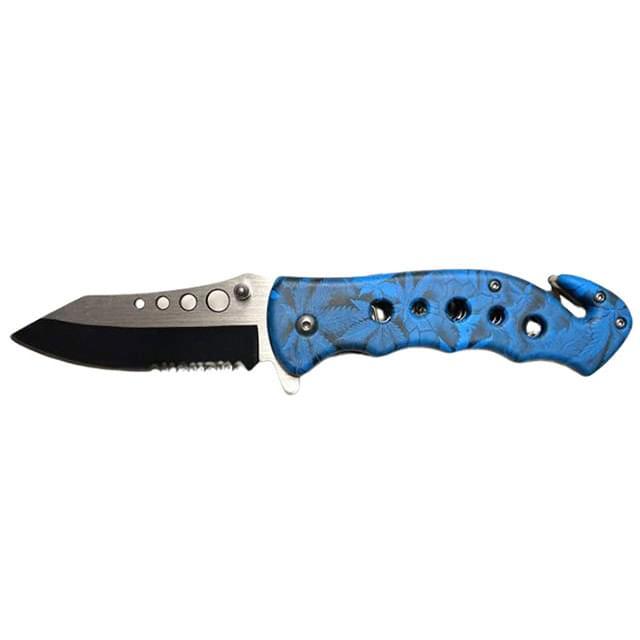 8" Overall Spring-Assisted Knife With Belt Cutter - Blue Marijuana Leaf image
