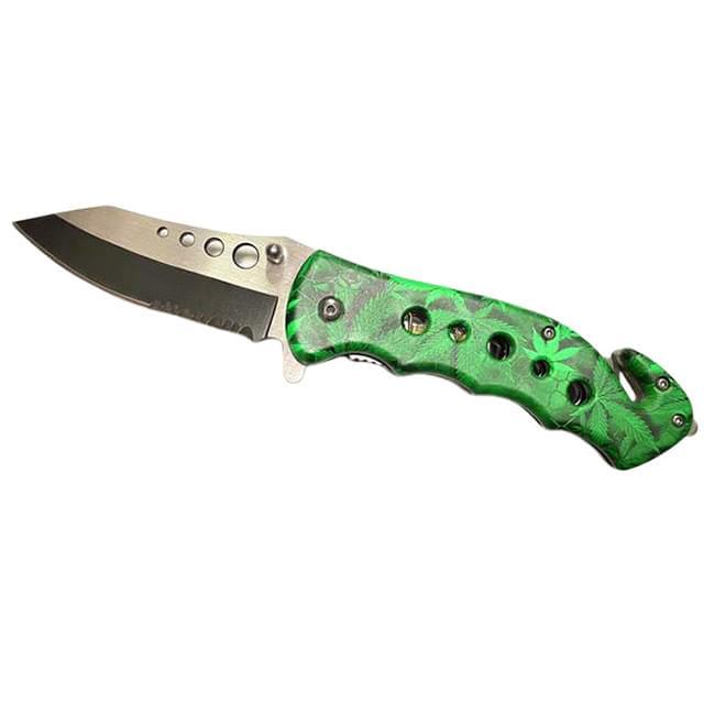 8" Overall Spring-Assisted Knife With Belt Cutter - Green Marijuana Leaf image