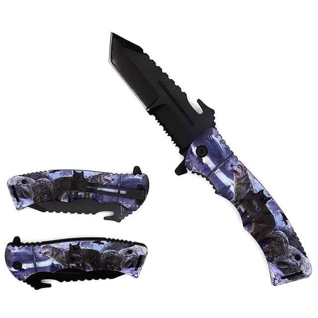 3.75" Black Blade Folding Knife - Wolf Design image