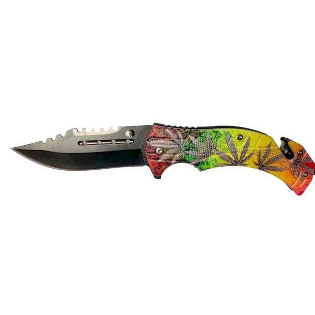Spring-Assisted Pocket Knife - Colorful Marijuana Leaf image