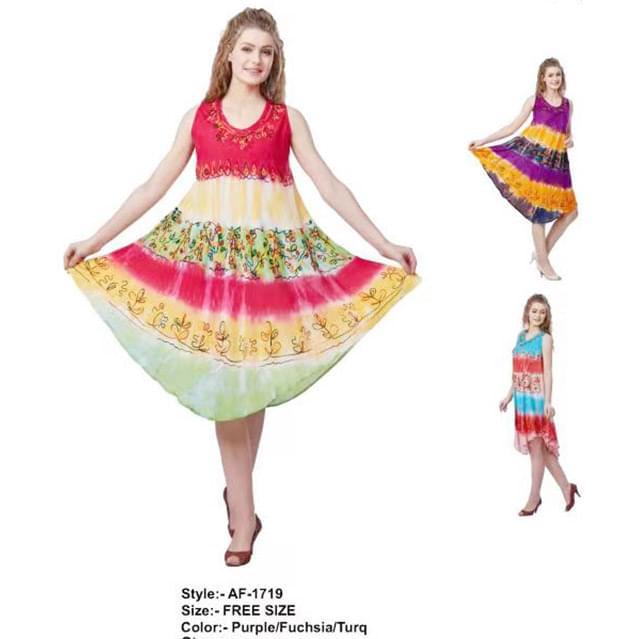 Rayon Multicolor Embroidered Tie Dye Dresses - Assorted image