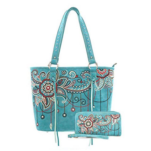 Montana West Embroidered Floral Handbag With Wallet - Turquoise image