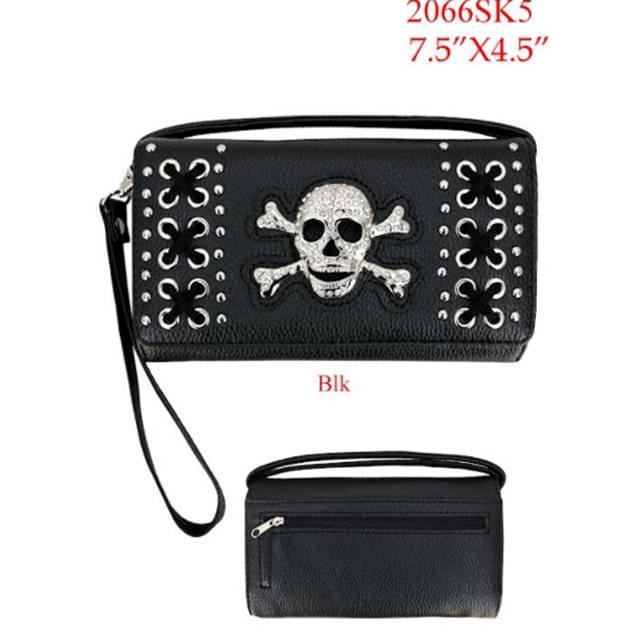 Rhinestone Studded Skull Wallet - Black image