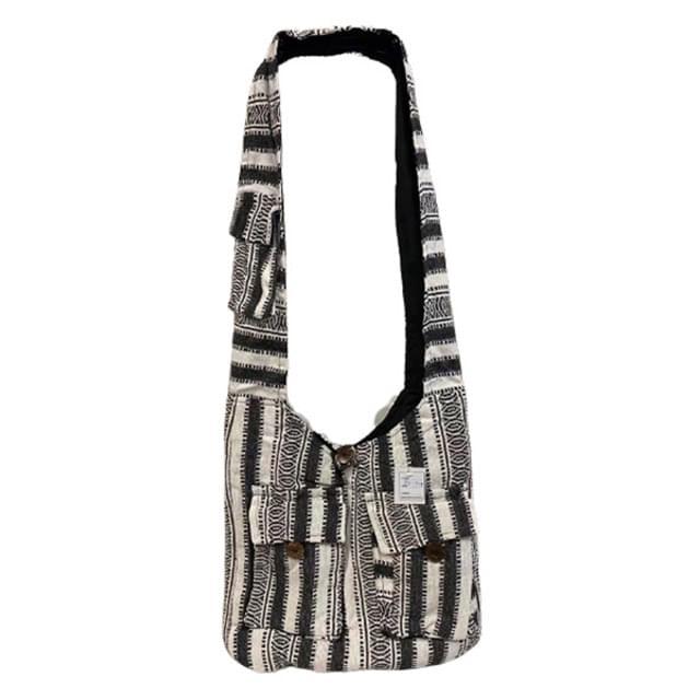 Handmade Heavy Canvas Hobo Bags With Two Front Pockets - Black & White Embroidery image