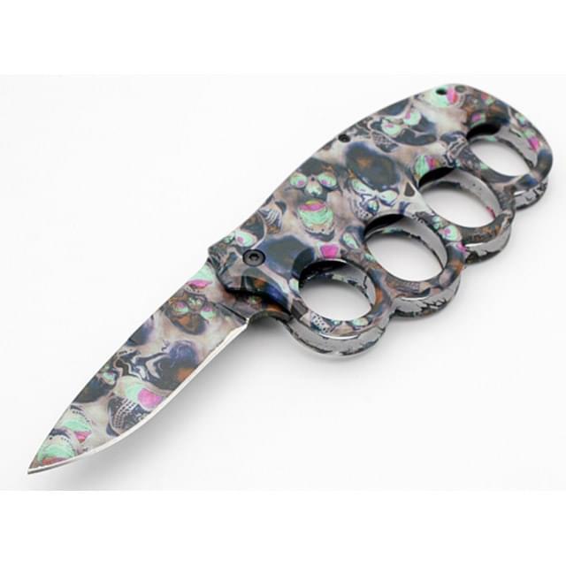 4.5" Spring-Assist Finger Guard Knife - Colorful Skull Theme image