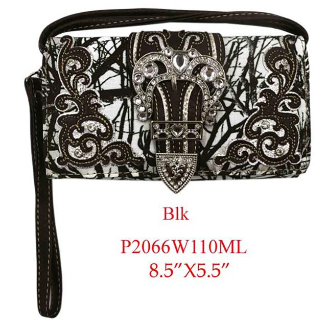 Rhinestone Buckle Tree Camo Purse - Black image