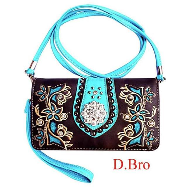 Rhinestone Flower Embroidered Wallet - Turquoise On Brown image