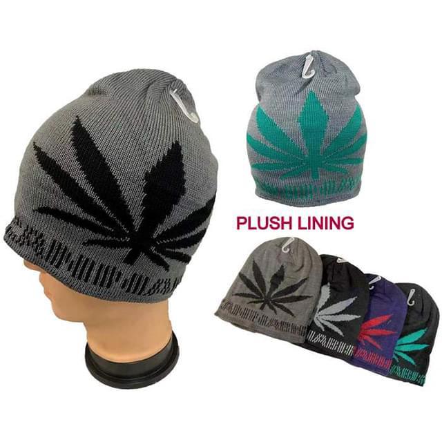 Plush-Lined Knit Beanie Marijuana-Large Leaf image