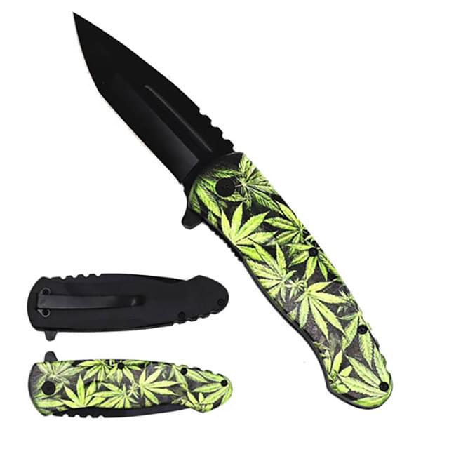 7.75" Blade Spring assisted knife Marijuana Leaf Graphics image