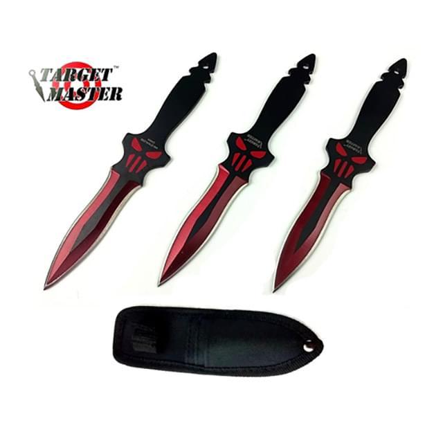 3 Pc Punisher Throwing Knife Set With Sheath - 6'' Red image