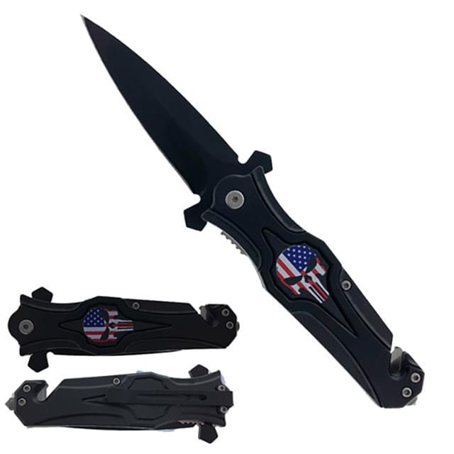 USA Flag Punisher Skull Spring-Assisted Knife - All-Black image