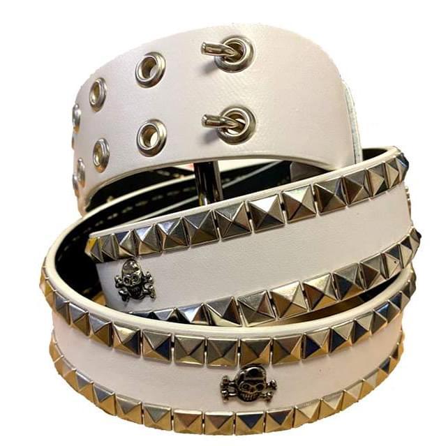 Small Skull Logo White Studded Belt image