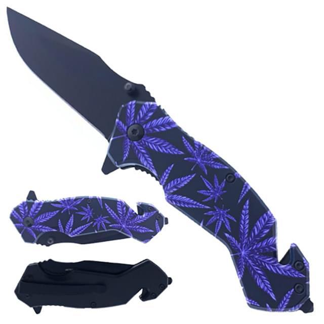 8" Spring-Assisted Knife With Glass Breaker - Purple Marijuana Leaf image
