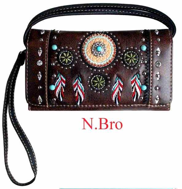 Wholesale Rhinestone Studded Feather Design Wallet Purse Brown image