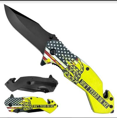 8" Spring-Assisted Knife With Glass Breaker & Belt Cutter - "Don't Tread On Me" USA Gadsden Flag image