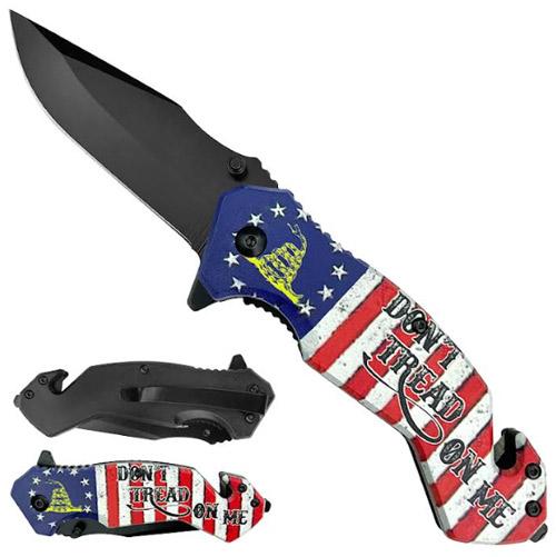 8" Spring-Assisted Knife With Glass Breaker & Belt Cutter - "Don't Tread On Me" Betsy Ross Flag image