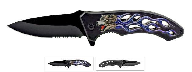 Spring-Assisted Folding Knife - Wolf With Blue Flame image