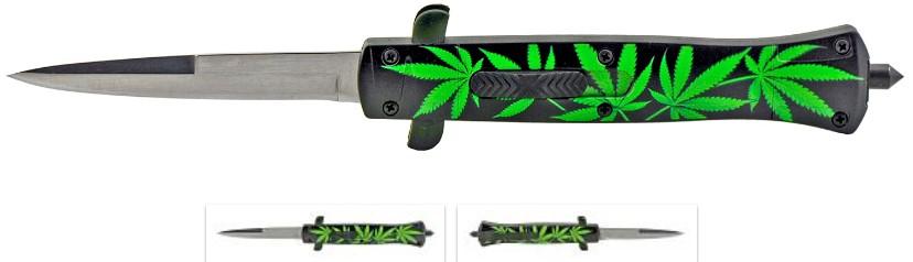 9.25" Stiletto OTF Tactical Folding Pocket Knife - Marijuana Leaf image
