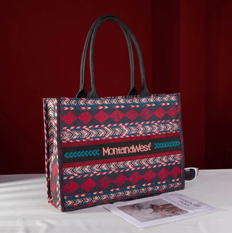 Montana West Boho Print Concealed Carry Wide Tote - Burgundy image
