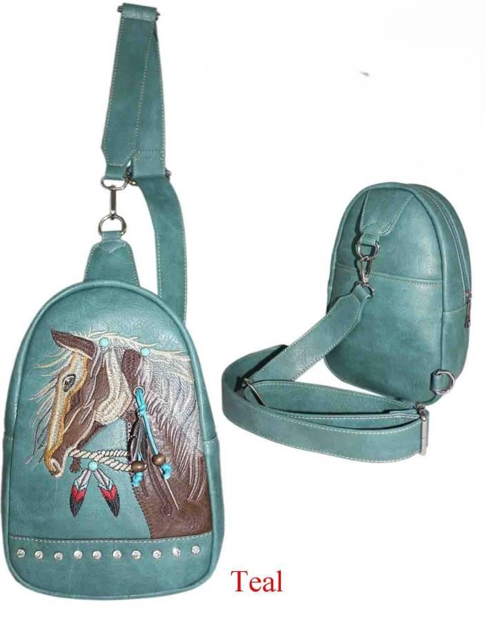Wholesale Rhinestone Horse Embroidery Design Crossbody Teal image