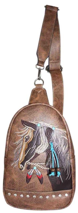 Rhinestone Horse Embroidery Crossbody - Brown image