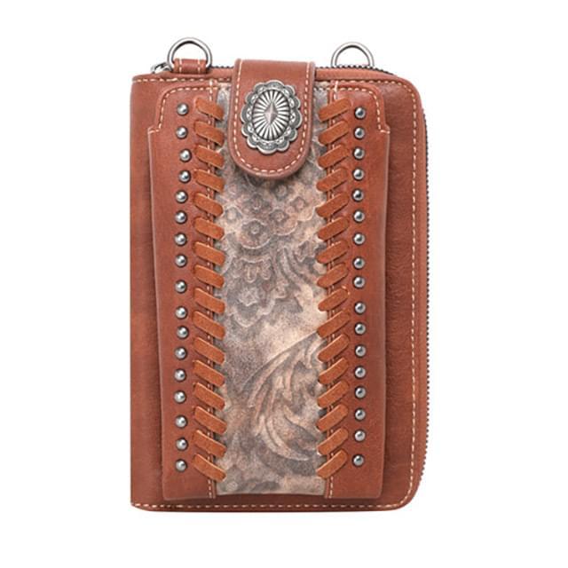 Western Embroidered Pattern Smartphone Wallet/Crossbody  - Brown image