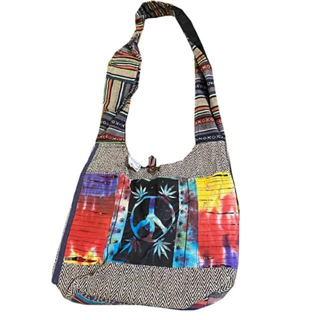 Nepal Handmade Hemp/Cotton Razor-Cut Hobo Bags - Tie Dye Peace Sign Marijuana Leaf image