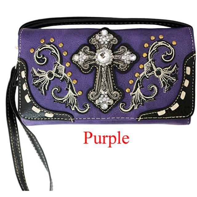 Rhinestone Cross Scrollwork Wallet - Purple image