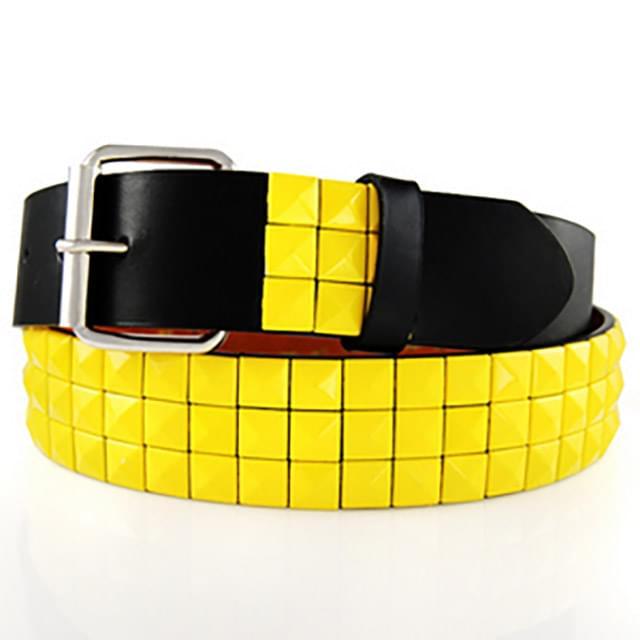 Yellow 3-Row Metal Pyramid Studded Leather Belts - Unisex Men's/Women's image