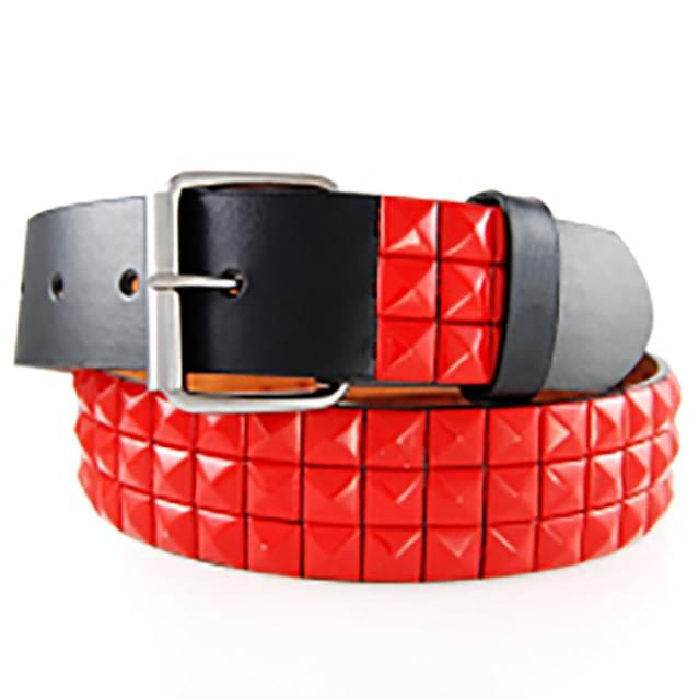 Red 3-Row Metal Pyramid Studded Leather Belts - Unisex Men's/Women's image