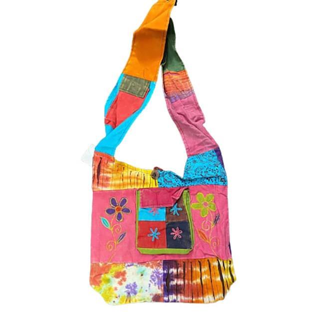 Handmade Razor-Cut Patchwork Hobo Bags With Large Front Pocket - Embroidered Flower Theme image